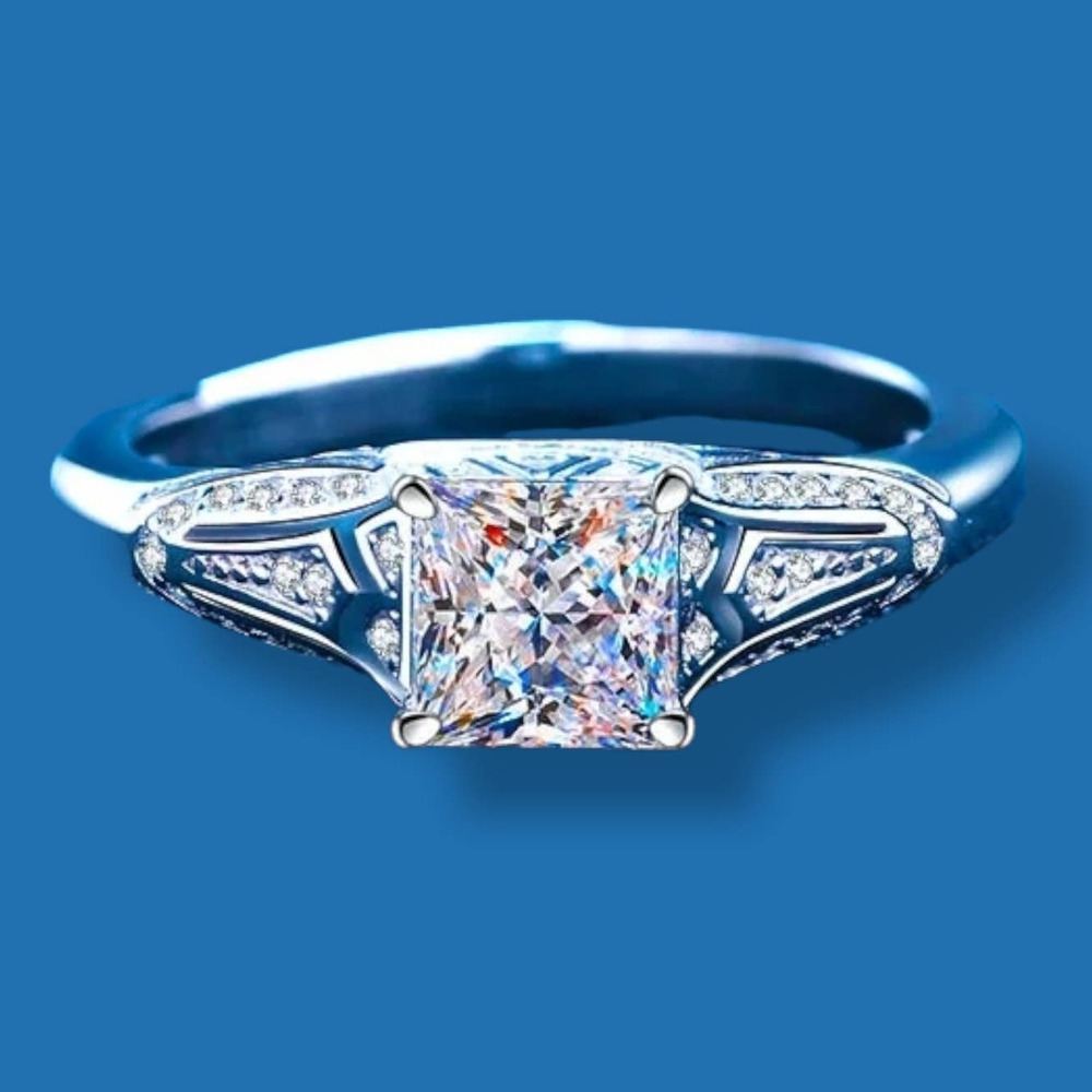 Edwardian Style 2ct Princess Cut Moissanite w/ accents Platinum Plated Ring Sz 5